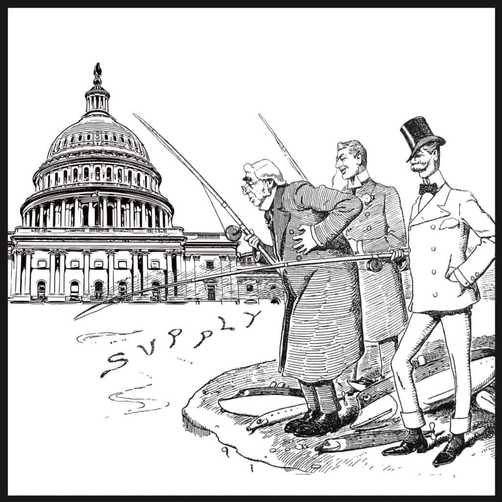 Illustrated graphic of Lobbying 101, including lobbyists fishing into a "supply" lake.